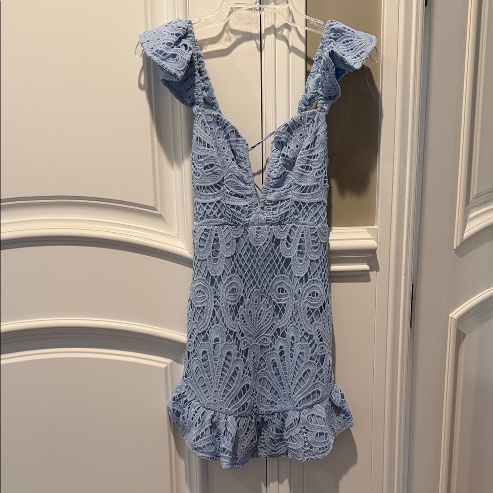 Light Blue Lace Mini Dress with Ruffle Hem